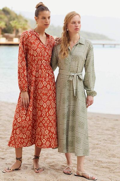 DeFacto Shirt Collar Pattern Aerobin Long Sleeve Belted Midi Dress C2501Ax24Sm