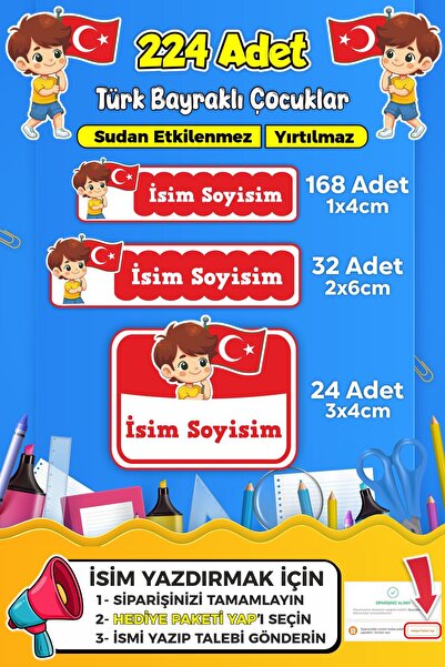 SB store Türk Bayraklı Çocuklar Okul Kreş Kişiye Özel isim Etiket Seti - Mode...