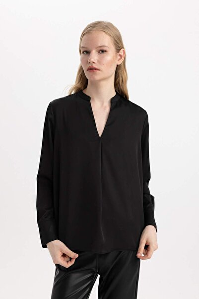 DeFacto Regular Fit Apaş Yaka Saten Uzun Kollu Bluz C3217AX24SP