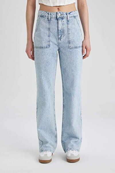 DeFacto Kalhoty s širokým střihem Cargo s vysokým pasem, dlouhé, džíny, prané, B8249AX24SP