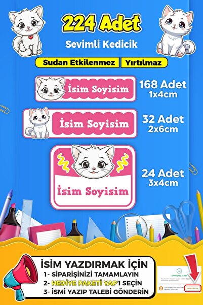 SB store Sevimli Kedi Temalı Okul Kreş Kişiye Özel isim Etiket Seti - Model 375