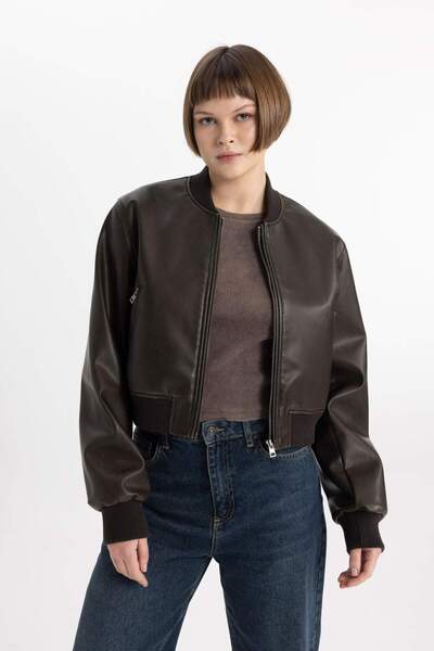 DeFacto College Collar Snap Pocket Vintage Bomber bunda z umělé kůže B8247AX24SP