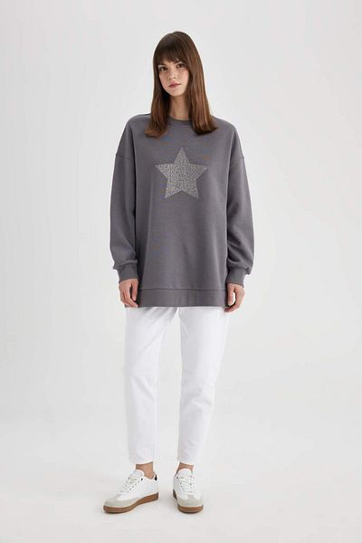 DeFacto Regular Fit Crew nyakú csillagmintás belső puha szőrös pulóver tunika C5421AX24SP