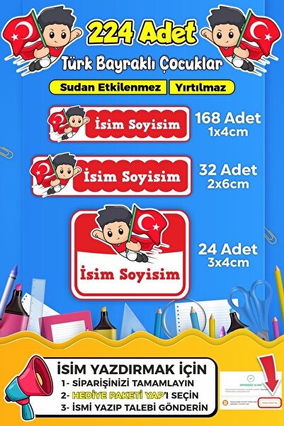SB store Türk Bayraklı Çocuklar Okul Kreş Kişiye Özel isim Etiket Seti - Mode...