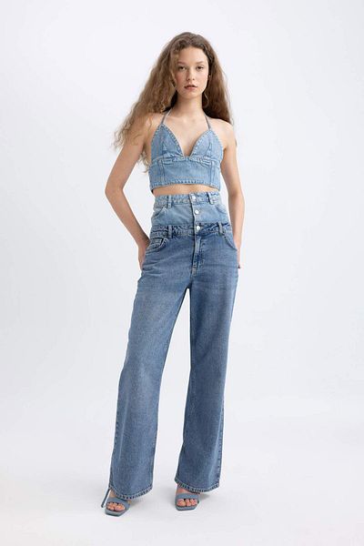 DeFacto Crop Jean Blouse with Halter Neck C5862Ax24Sp