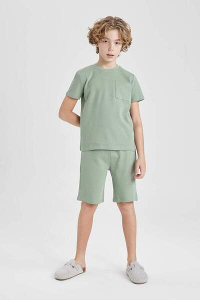 DeFacto Erkek Çocuk Pijama Takımı Waffle Kısa Kollu Üst Şort C2782A824SM