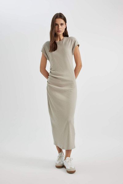 DeFacto Ribbed Bodycon Maxi Dress - Round Neck, Short Sleeve, C2470Ax24Sp