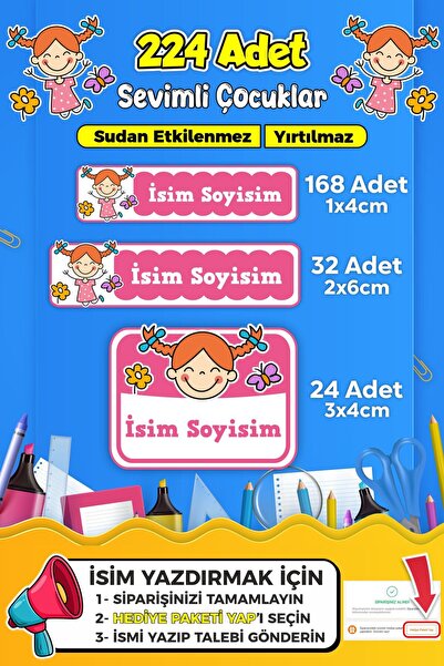 SB store Sevimli Çocuklar Okul Kreş Kişiye Özel isim Etiket Seti - Model 476