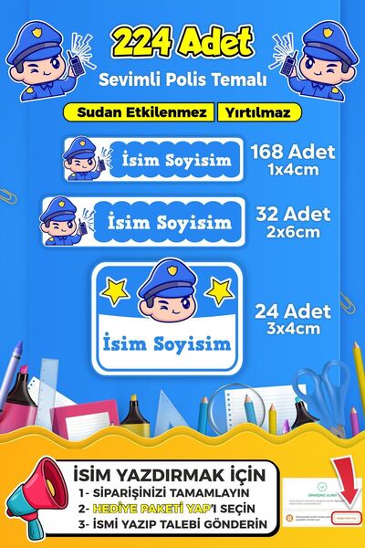 SB store Sevimli Polis Temalı Okul Kreş Kişiye Özel İsim Etiket Seti - Model 315