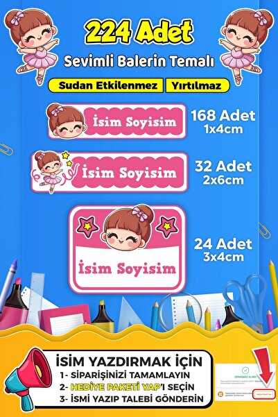 SB store Sevimli Balerin Temalı Okul Kreş Kişiye Özel isim Etiket Seti - Mode...