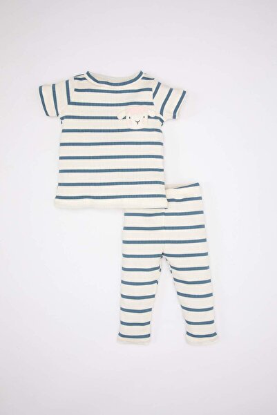 DeFacto Baby Girl Pajamas Set Ribbed Camisole Crew Neck Striped Short Sleeve Top with Elastic Waist Long Bottom