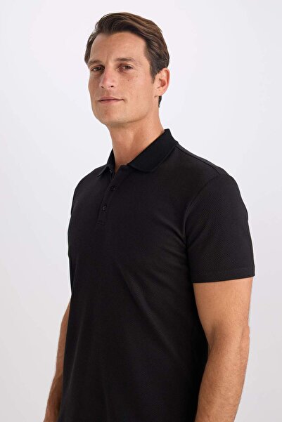 DeFacto Slim Fit Dar Kesim Polo Yaka Kısa Kollu Pamuklu Modal Karışımlı Basic Düz Siyah Tişört M6609AZ24SP