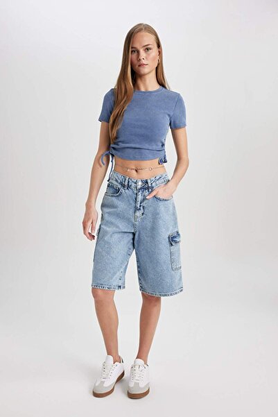 DeFacto Tricou cu mânecă scurtă, lavabil, cu efect deschis, cu gâtul turnat, cu detaliu de șnur B9228AX24SP