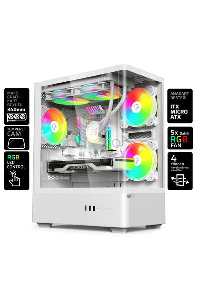 GAMETECH Intense Beyaz Tuş Kontrol Rgb 5x120mm Fanlı Özel Pratik Tak Çıkar Vidasız Kapaklar Matx Gaming Kasa