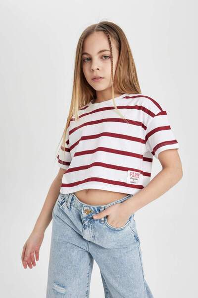 DeFacto Girls' Crew Neck Combed Cotton Striped Short Sleeve T-Shirt C8184A824Sp