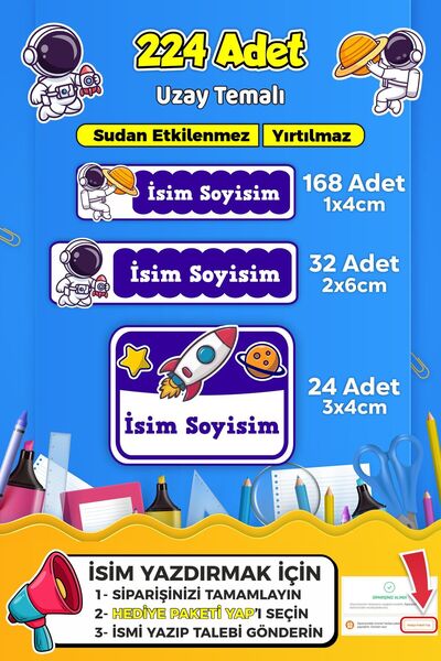 SB store Uzay Temalı Okul Kreş Kişiye Özel isim Etiket Seti - Model 537