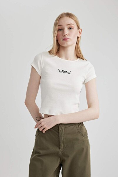 DeFacto Cool Fitted vyšívané rebrované tričko s krátkym rukávom C3192AX24SP