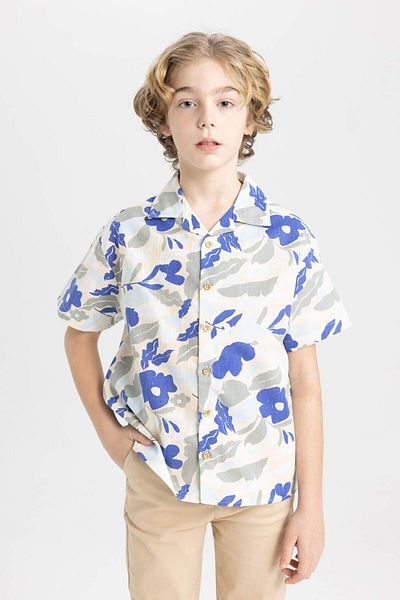 DeFacto Boy's Oversize Wide Fit Patterned Viscose Short Sleeve Shirt B6606A824Sm