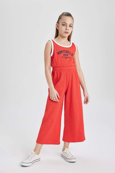 DeFacto Girl's Printed Ribbed Camisole Sleeveless Long Jumpsuit B4878A824SM