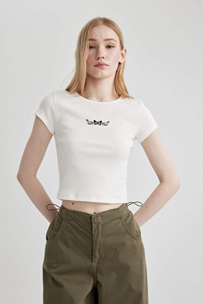 DeFacto Cool Fitted vyšívané rebrované tričko s krátkym rukávom C3192AX24SP