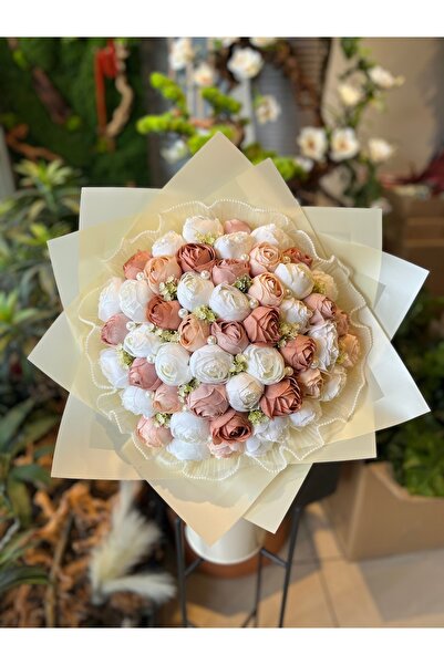 Pika Tüllü İncili Şakayık İsteme Çiçeği - Kahve Şakayık İsteme Buketi - Yapay İsteme Çiçeği -50 Şakayık