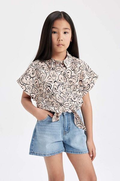 DeFacto Girl's Crop Short Sleeve Patterned Shirt B5064A824SM