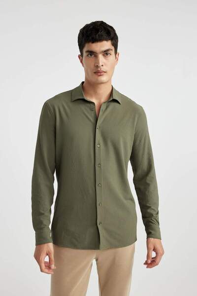 DeFacto Modern Fit Polo Yaka Basic Düz Krinkıl Uzun Kollu Gömlek B7384AX24SP