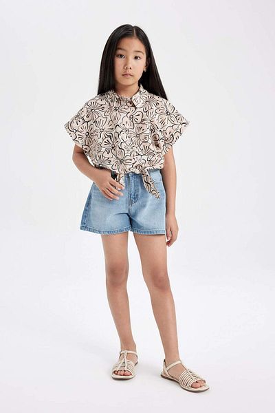 DeFacto Girl's Crop Short Sleeve Patterned Shirt B5064A824SM