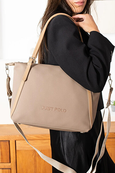 Just Polo حقيبة يد وكتف نسائية من قماش لاكوست كبيرة الحجم بلون رملي P346037MH