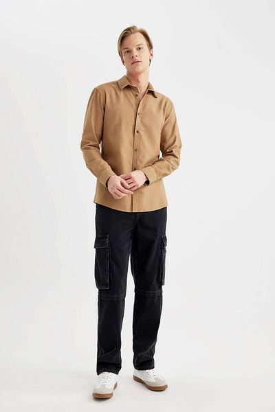 DeFacto Slim Fit Slim Fit Cotton Basic Plain Long Sleeve Shirt A4644Ax24Sp