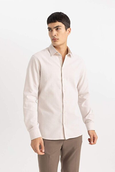 DeFacto Slim Fit Dar Kesim Polo Yaka Petek Dokulu Uzun Kollu Gömlek B6476AX24SP