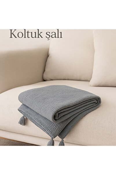 YASEMİNİNEVİ Antrasit Müslin Koltuk Şalı / TV Battaniyesi