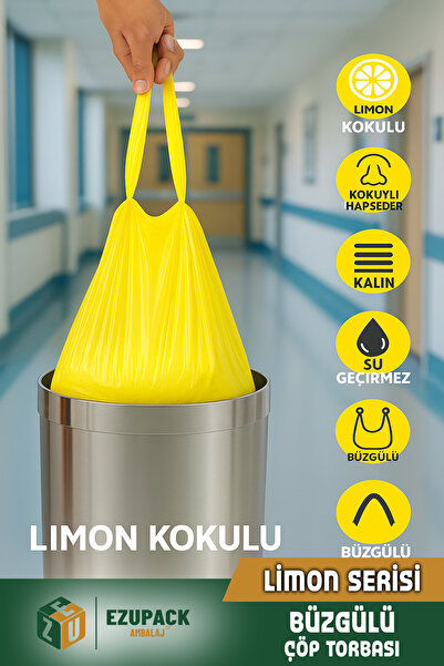 Ezupack 40 Lt ( 5 PAKET ) Avantaj Paket Orta Boy Limon Kokulu Büzgülü Çöp Poşeti Çöp Torbası 50 Adet