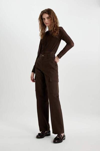 DeFacto Simple Gabardine Trousers - Brocured Cargo Pocket High Waist Basic Straight Long Length C2666Ax24Sp