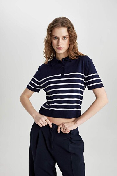 DeFacto Regular Fit Polo Yaka Çizgili Kısa Kollu Triko Tişört C4402AX24SM