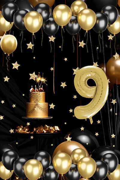tedaks 9 Yaş Gold Siyah Balon Seti Gold Rakamlı Doğum Günü Balonu Şık Parti S...