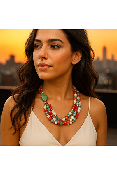 Asteria Elite العقيق الأخضر والبرتقالي سموكي 3 صف قلادة