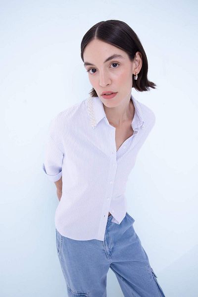 DeFacto Oversize Wide Fit Striped Collar Bead Detail Oxford Long Sleeve Shirt B9322Ax24Sp