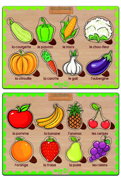 minİQ toys Ahşap Fransızca Sebzeler ve Meyveler 2’li Set Eğitici Öğretici Yapboz