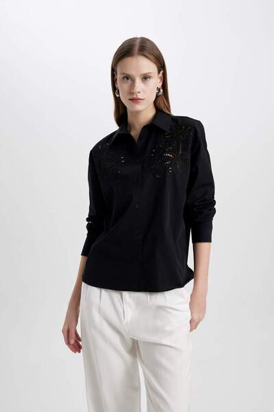 DeFacto Oversize Wide Fit perforovaná popelínová černá košile s dlouhým rukávem C0061AX24SP