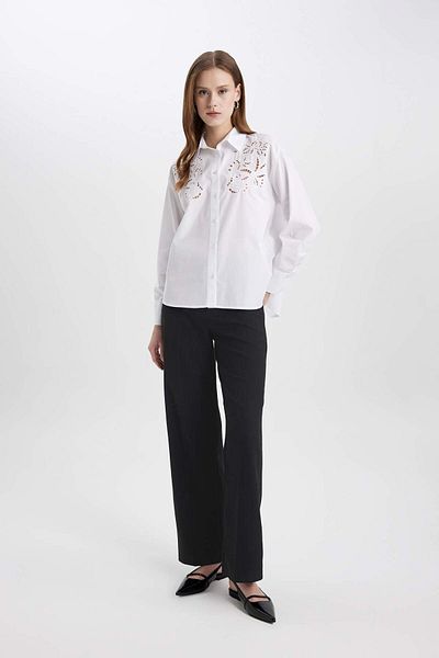 DeFacto Oversize Wide Fit Hollowed Out Poplin Long Sleeve White Shirt C0061Ax24Sp