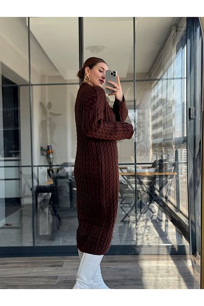 POİNE Women's Crew Neck Hair Braided Knitwear Long Dress