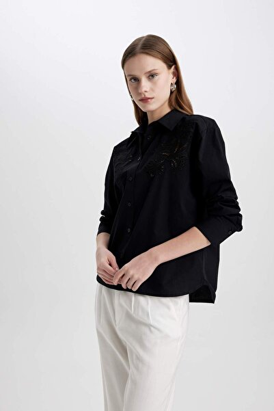 DeFacto Oversize széles szabású lyukas poplin hosszú ujjú fekete ing C0061AX24SP