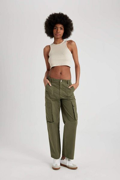 DeFacto Gabardine Pants Straight Fit Standard Size High Waist Cargo Pocket B0625Ax24Sp
