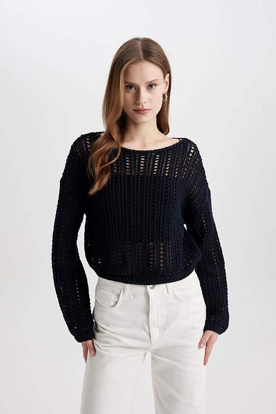 DeFacto Crop Boat Neck Crochet Knitwear Sweater C2177Ax24Sp