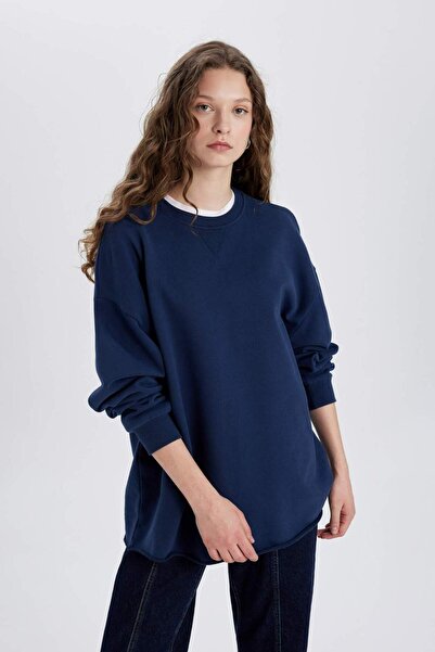 DeFacto Oversize Wide Fit Crew Neck Silné základní jednobarevné tričko s dlouhým rukávem C4576AX24SM