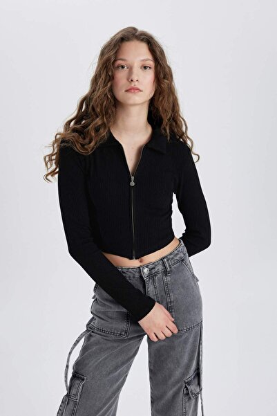 DeFacto Fitted Polo Yaka Fitilli Kaşkorse Crop Fermuarlı Hırka C4578AX24SM