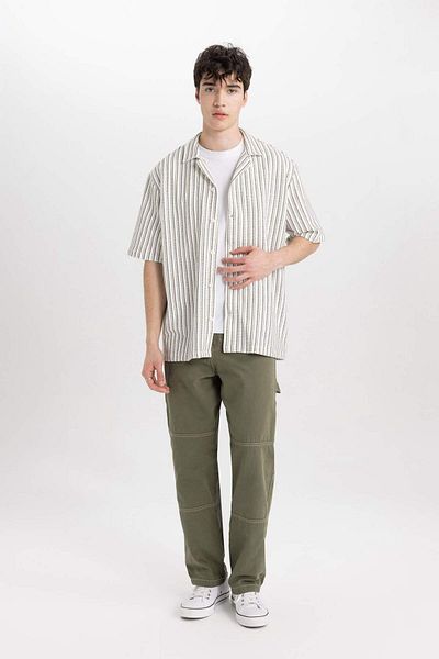 DeFacto Relax Fit Summer Apache Collar Striped Combed Cotton Short Sleeve Shirt B7387Ax24Sm