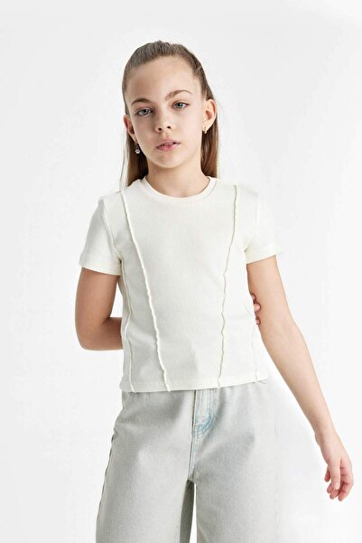 DeFacto Girls Slim Fit Slim Fit Crew Neck Rib Short Sleeve T-Shirt C0104A824Sm