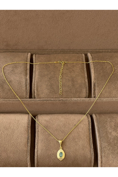 Rupen Kraft 925 Ayar Gümüş Turmalin Taşlı Gümüş Zincirli Tasarım Gümüş Kolye 45cm